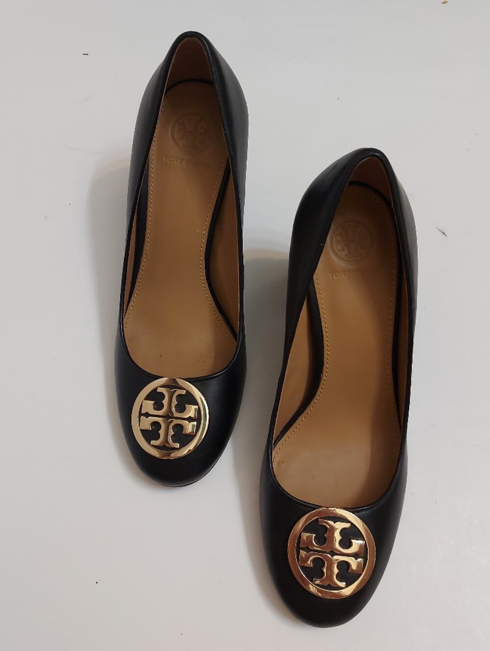 Tory Burch Black Leather Block Heel Pumps with Gold Logo Medallion